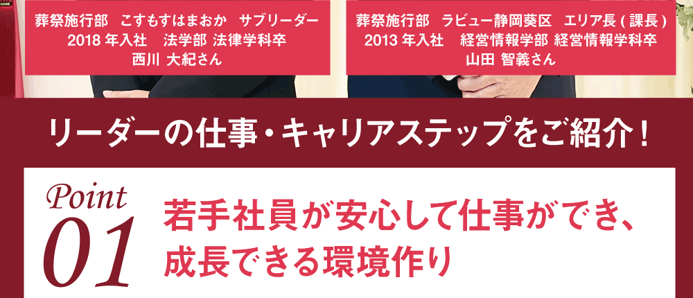 リーダーの仕事・キャリアステップをご紹介！Point01 若手社員が安心して仕事ができ、成長できる環境作り 