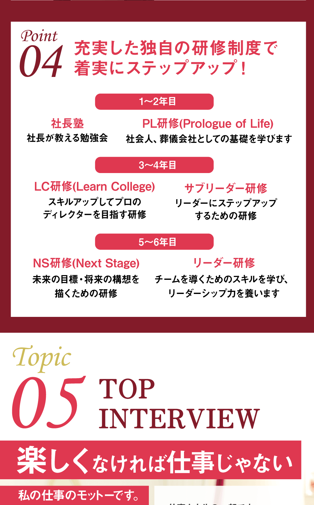 Point04　充実した独自の研修制度で着実にステップアップ！　1～2年目　社長塾　社長が教える勉強会　PL研修(Prologue of Life)　社会人、葬儀会社としての基礎を学びます　3～4年目　LC研修(Learn College)スキルアップしてプロのディレクターを目指す研修　サブリーダー研修リーダーにステップアップするための研修　5～6年目　NS研修(Next Stage)　未来の目標・将来の構想を描くための研修　リーダー研修　チームを導くためのスキルを学び、リーダーシップ力を養います