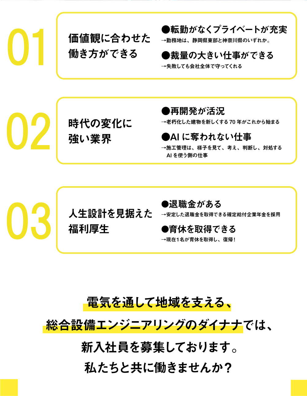 01　価値観に合わせた働き方ができる　●転勤がなくプライベートが充実→勤務地は、静岡県東部と神奈川県のいずれか。　●裁量の大きい仕事ができる→失敗しても会社全体で守ってくれる　02時代の変化に強い業界　●再開発が活況→老朽化した建物を新しくする70年がこれから始まる●AIに奪われない仕事→施工管理は、様子を見て、考え、判断し、対処するAIを使う側の仕事　03人生設計を見据えた福利厚生　●退職金がある→安定した退職金を取得できる確定給付企業年金を採用　●育休を取得できる→現在１名が育休を取得し、復帰！　電気を通して地域を支える、総合設備エンジニアリングのダイナナでは、新入社員を募集しております。私たちと共に働きませんか？