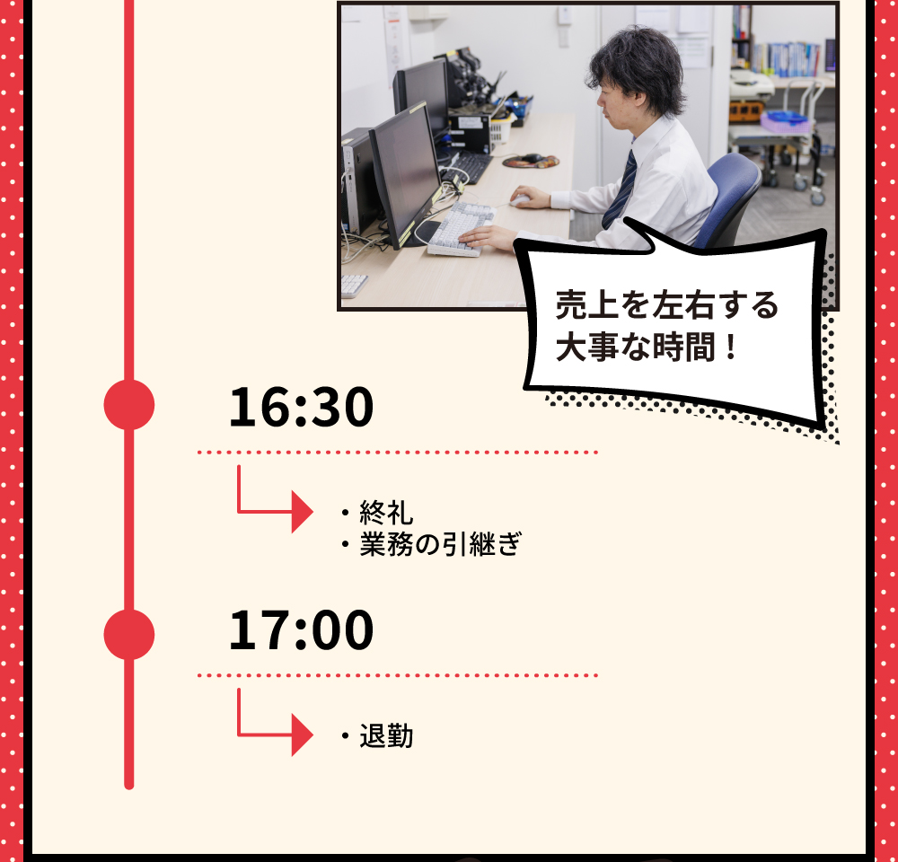 売上を左右する大事な時間　16:30→終礼、業務の引継ぎ　17:00→退勤