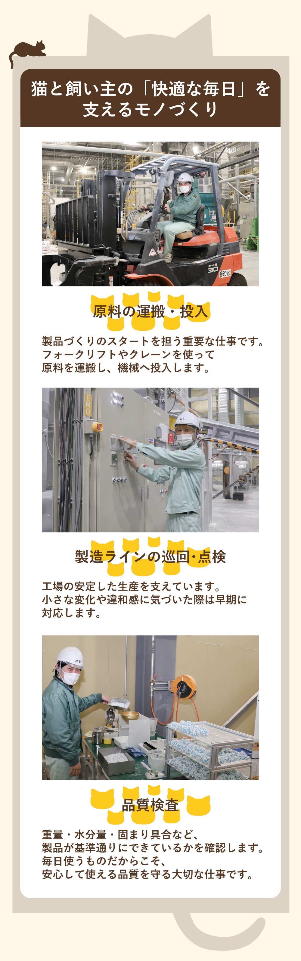 猫と飼い主の「快適な毎日」を支えるモノづくり　原料の運搬・投入　製品づくりのスタートを担う重要な仕事です。フォークリフトやクレーンを使って原料を運搬し、機械へ投入します。　製造ラインの巡回・点検　工場の安定した生産を支えています。小さな変化や違和感に気づいた際は早期に対応します。　品質検査　重量・水分量・固まり具合など、製品が基準通りにできているかを確認します。毎日使うものだからこそ、安心して使える品質を守る大切な仕事です。